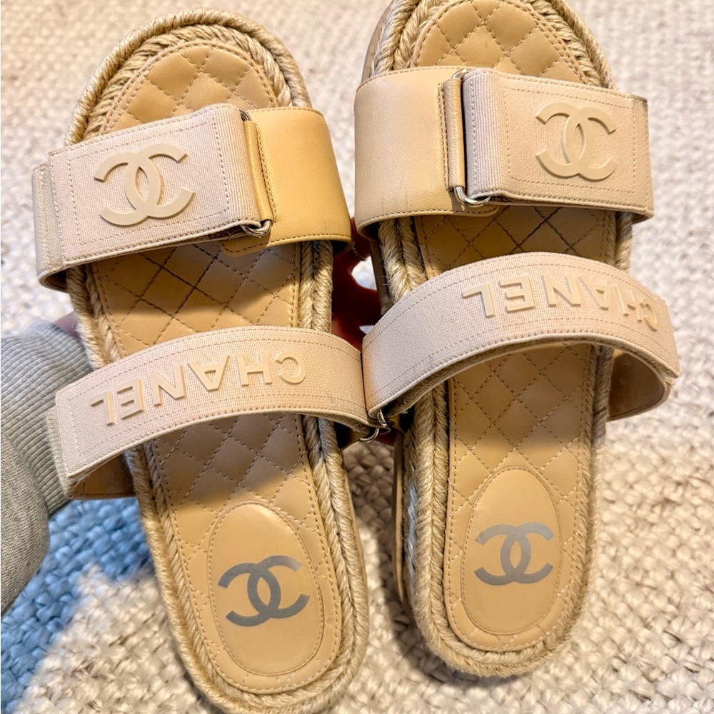 CHANEL Beige Quilted Leather Double-Strap Espadrille Sandals